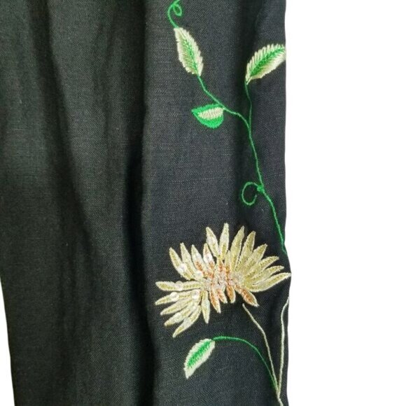 Womens Embroidered Floral Pants Black Linen Rayon Blend 10 Boho Indie Festival - Picture 12 of 12